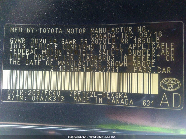 2017 TOYOTA COROLLA L/LE/XLE/SE VIN: 2T1BURHE1HC767231