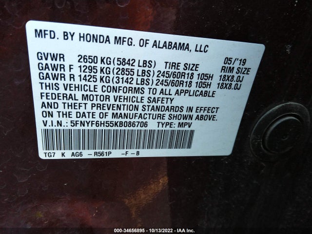 Honda Pilot Ex-l 2019 5FNYF6H55KB086706 Image 10