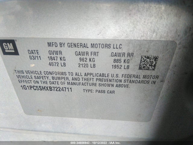 2011 CHEVROLET CRUZE LS VIN: 1G1PC5SHXB7224711