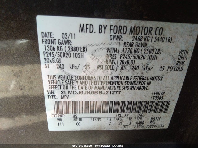 Lincoln MKX 2011 2LMDJ6JK6BBJ21277 Image 10