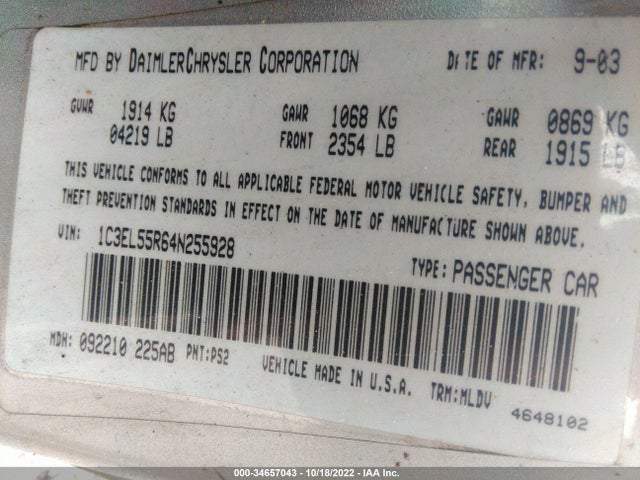 Chrysler Sebring Lxi 2004 1C3EL55R64N255928 Image 9