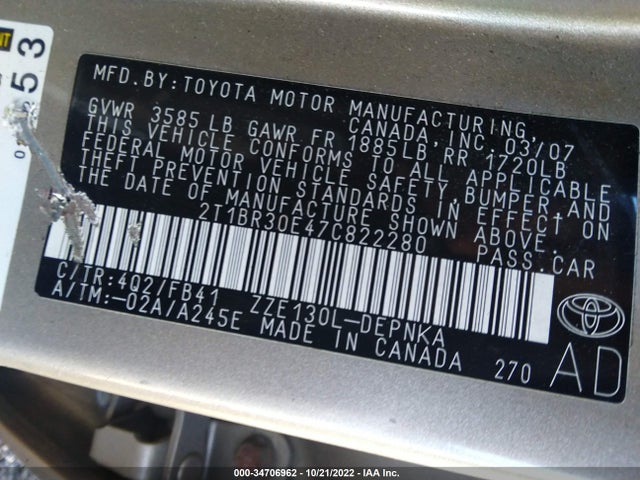 2007 TOYOTA COROLLA CE/S/LE VIN: 2T1BR30E47C822280