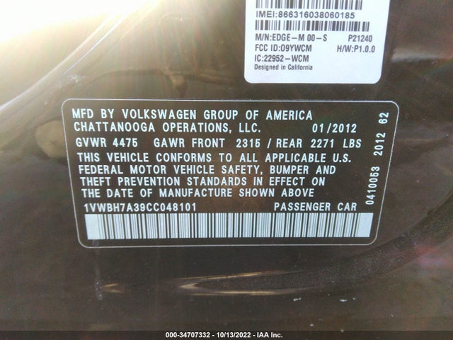 1VWBH7A39CC048101 Volkswagen Passat Se W/sunroof