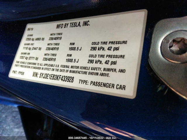 Tesla Model 3 Long Range/performance 2019 5YJ3E1EB3KF433928 Image 9