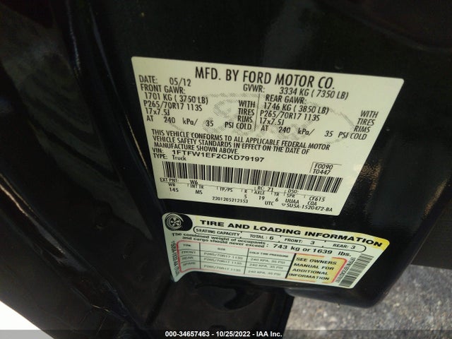 2012 FORD F-150 XL/XLT/FX4/LARIAT VIN: 1FTFW1EF2CKD79197