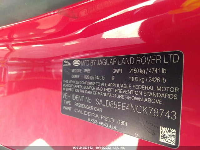 2022 Jaguar F-TYPE, VIN: SAJD85EE4NCK78743