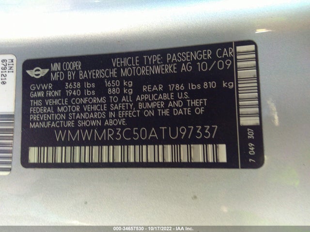 Mini COOPER CONVERTIBLE 2010 WMWMR3C50ATU97337 Image 10