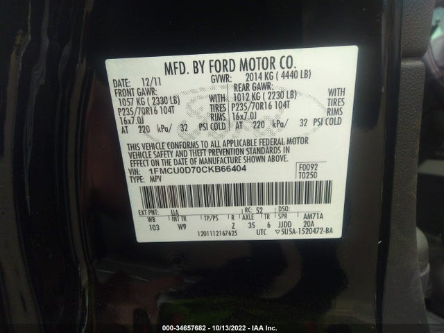2012 FORD ESCAPE XLT VIN: 1FMCU0D70CKB66404