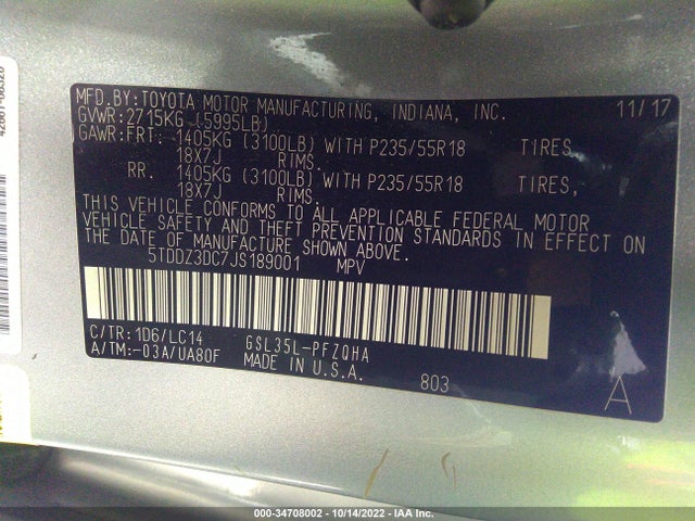 2018 Toyota Sienna, VIN: 5TDDZ3DC7JS189001