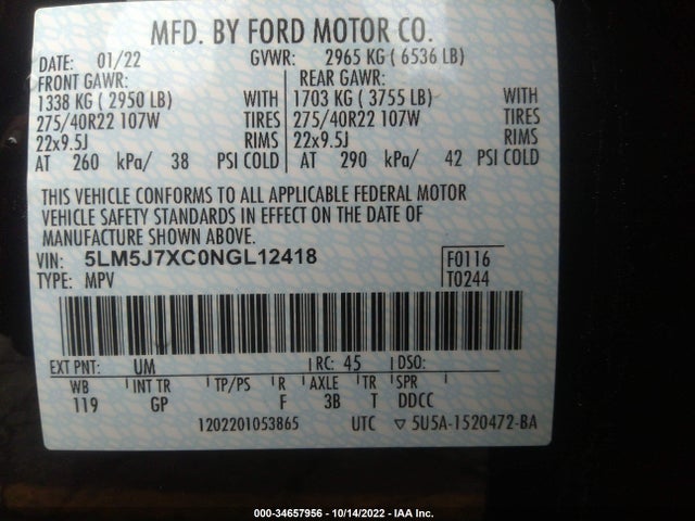 2022 Lincoln Aviator, VIN: 5LM5J7XC0NGL12418