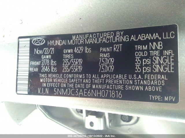 2022 HYUNDAI TUCSON SEL VIN: 5NMJC3AE6NH071816
