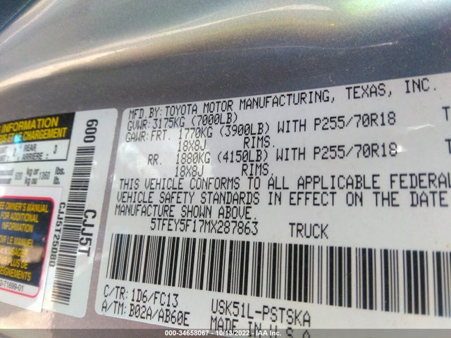2021 Toyota Tundra, VIN: 5TFEY5F17MX287863