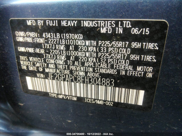 2015 SUBARU XV CROSSTREK LIMITED VIN: JF2GPAPC8FH304883