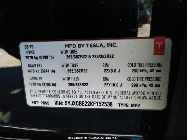 2019 Tesla Model X, VIN: 5YJXCBE22KF152538