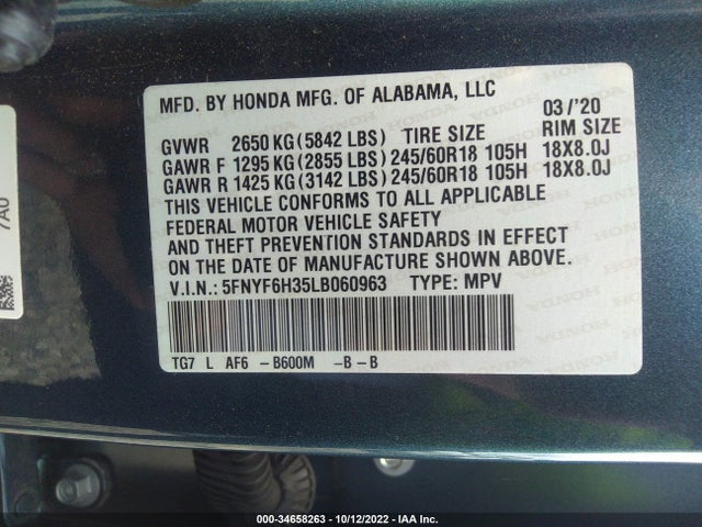 2020 HONDA PILOT EX VIN: 5FNYF6H35LB060963
