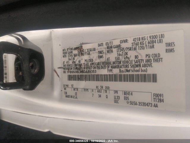 2011 FORD ECONOLINE WAGON XL/XLT VIN: 1FBSS3BL9BDA89353
