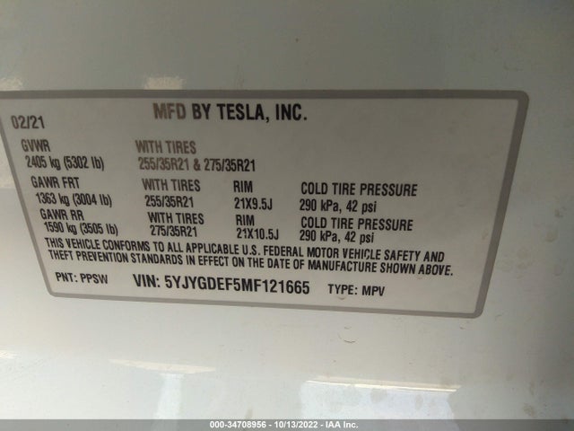 Tesla Model Y Performance 2021 5YJYGDEF5MF121665 Image 9