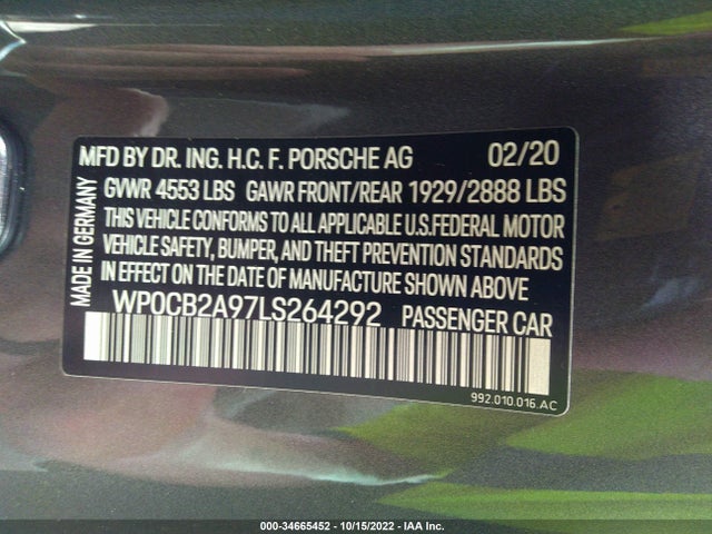 2020 Porsche 911, VIN: WP0CB2A97LS264292