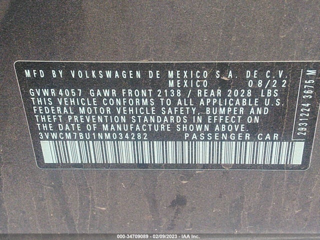 2022 Volkswagen Jetta, VIN: 3VWCM7BU1NM034282