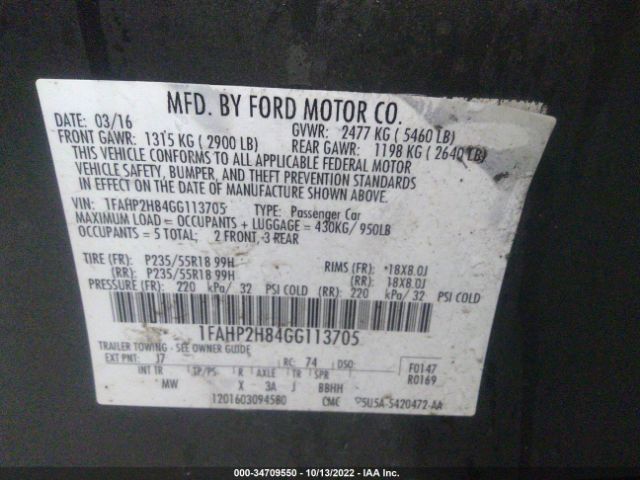 1FAHP2H84GG113705 Ford TAURUS SEL