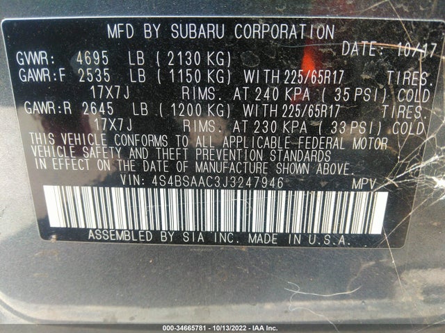 2018 Subaru Outback, VIN: 4S4BSAAC3J3247946