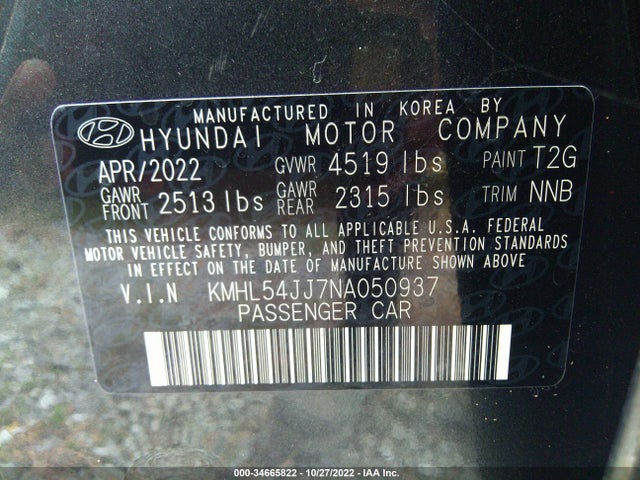 2022 Hyundai Sonata, VIN: KMHL54JJ7NA050937