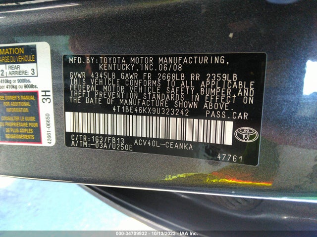 2009 TOYOTA CAMRY VIN: 4T1BE46KX9U323242
