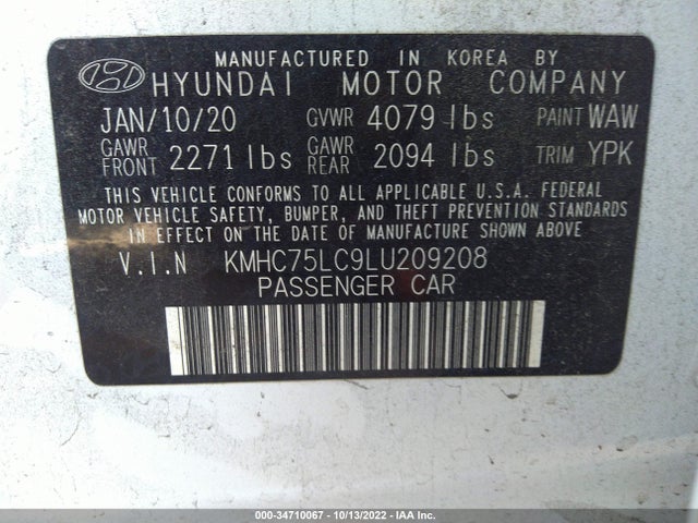 2020 HYUNDAI IONIQ HYBRID SE VIN: KMHC75LC9LU209208