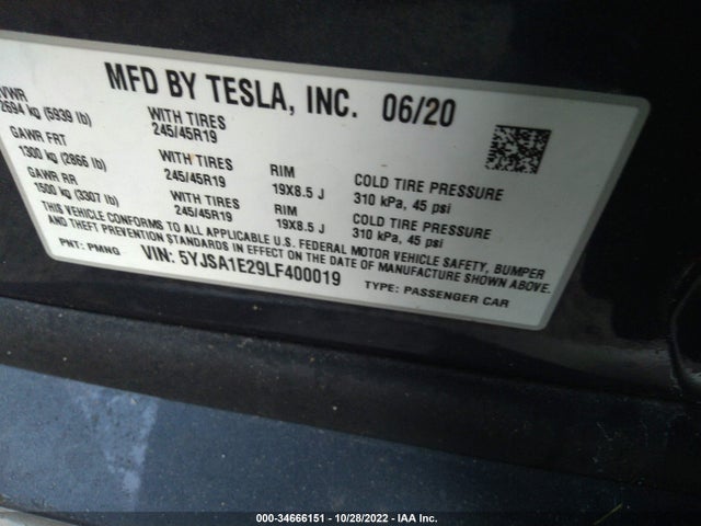 2020 Tesla Model S, VIN: 5YJSA1E29LF400019