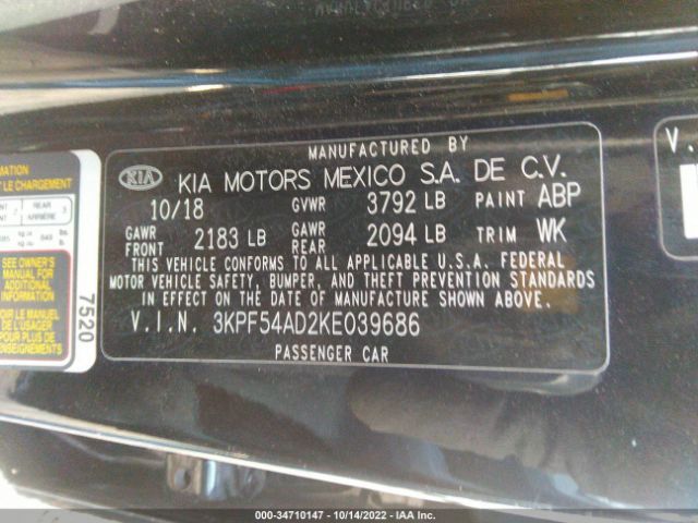 3KPF54AD2KE039686 KIA FORTE EX