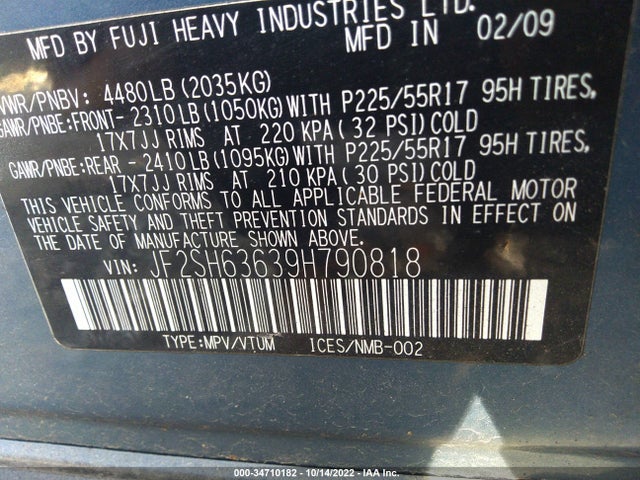 2009 SUBARU FORESTER X W/PREM/ALL-WEATHER VIN: JF2SH63639H790818