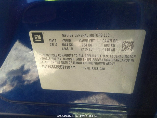 2013 CHEVROLET CRUZE 1LT VIN: 1G1PC5SB8D7110771