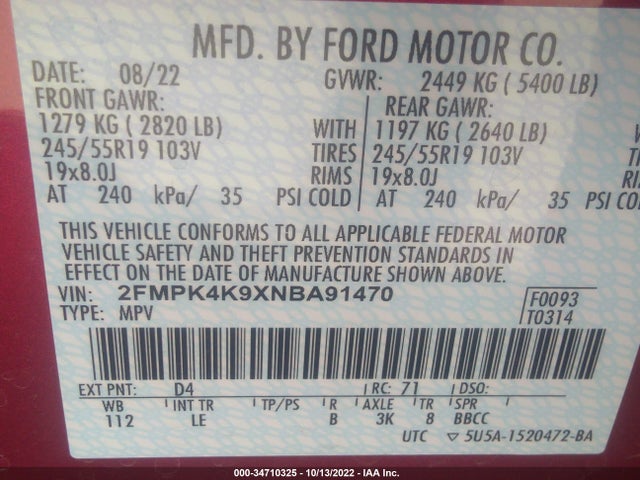 2022 Ford Edge, VIN: 2FMPK4K9XNBA91470