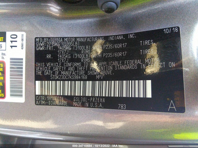 2019 Toyota Sienna, VIN: 5TDKZ3DC7KS984168