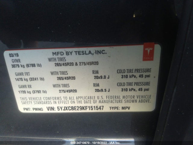 2019 Tesla Model X, VIN: 5YJXCBE29KF151547