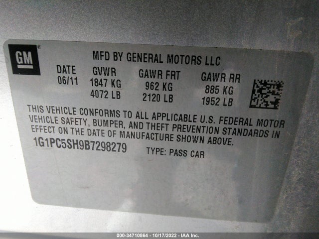 2011 CHEVROLET CRUZE LS VIN: 1G1PC5SH9B7298279