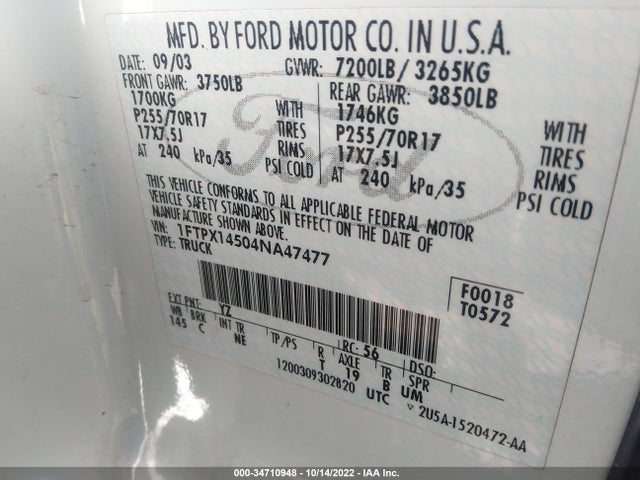 2004 FORD F-150 XLT/FX4/LARIAT/XL VIN: 1FTPX14504NA47477