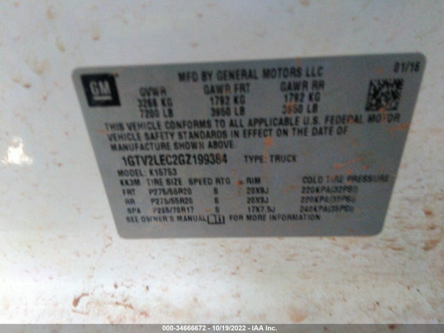 2016 GMC SIERRA 1500 VIN: 1GTV2LEC2GZ199384