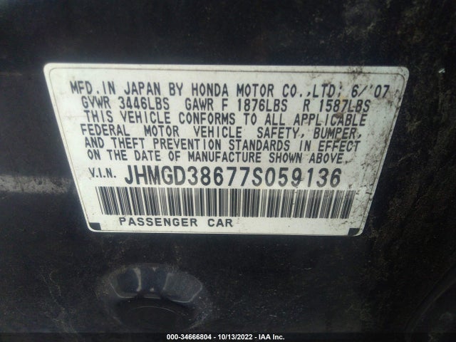 2007 HONDA FIT SPORT VIN: JHMGD38677S059136