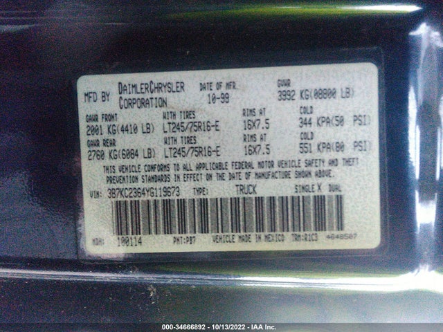 Dodge RAM 2500 2000 3B7KC2364YG119673 Image 10