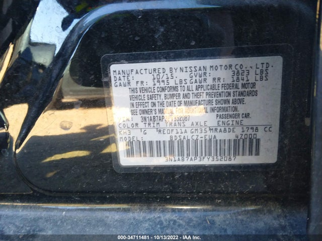 2015 NISSAN SENTRA S VIN: 3N1AB7AP3FY352087