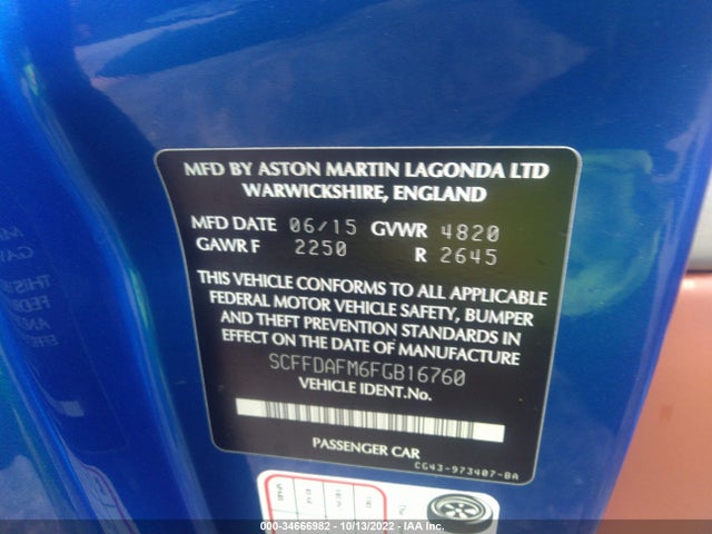 2015 Aston Martin DB9, VIN: SCFFDAFM6FGB16760