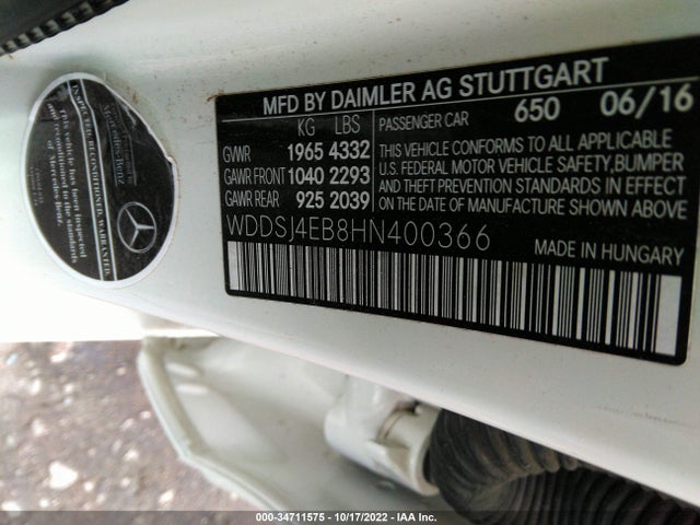 2017 Mercedes-Benz CLA-Class, VIN: WDDSJ4EB8HN400366