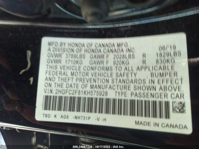2019 HONDA CIVIC SEDAN SPORT VIN: 2HGFC2F81KH575928