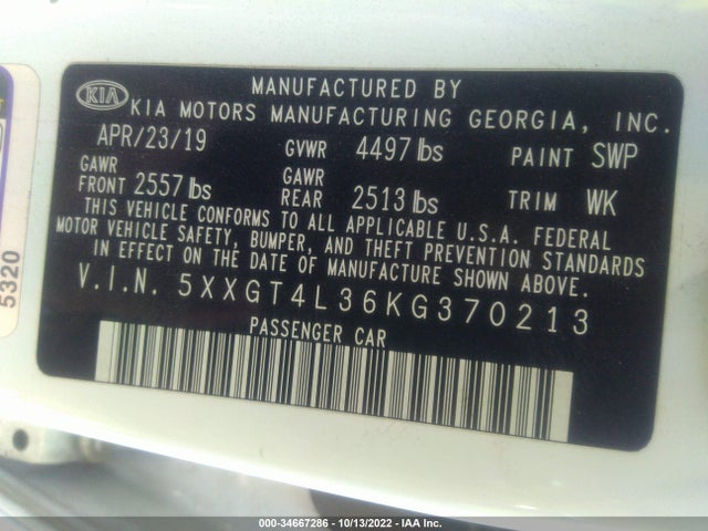 2019 Kia Optima, VIN: 5XXGT4L36KG370213
