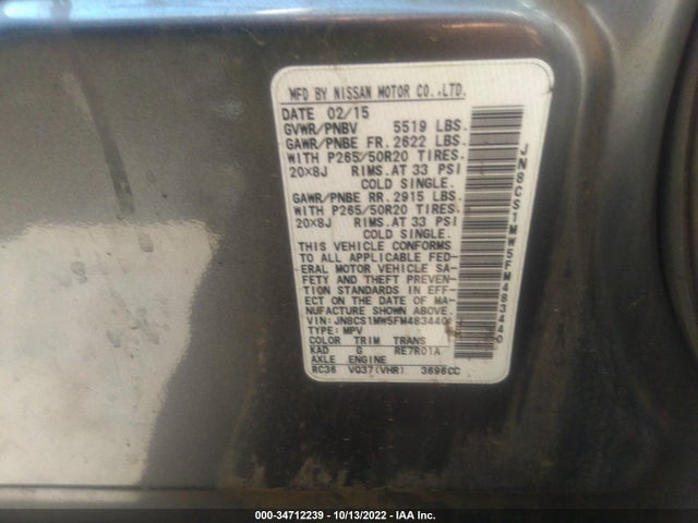 2015 Infiniti QX70, VIN: JN8CS1MW5FM483440