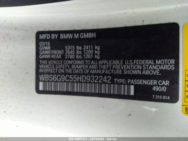 2017 BMW M6, VIN: WBS6G9C55HD932242