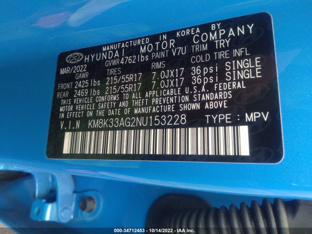 2022 Hyundai Kona, VIN: KM8K33AG2NU153228