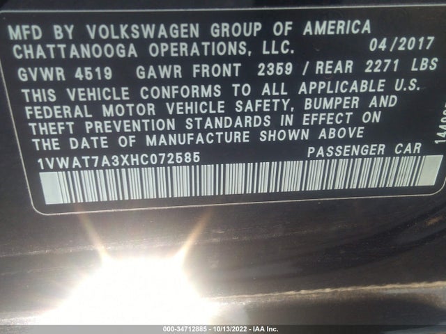 Volkswagen Passat 1.8t S 2017 1VWAT7A3XHC072585 Image 11