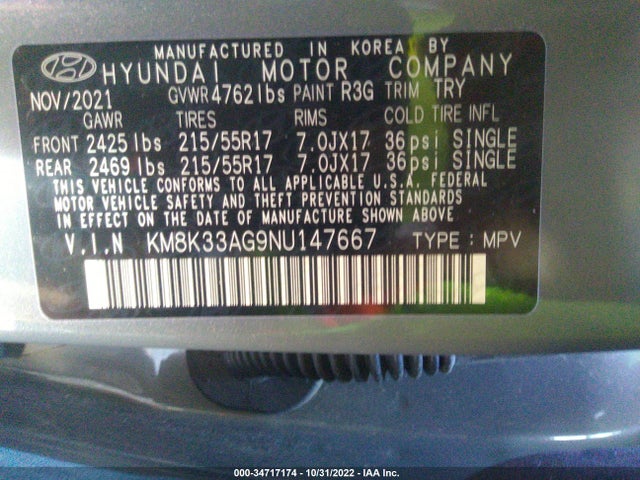 2022 Hyundai Kona, VIN: KM8K33AG9NU147667